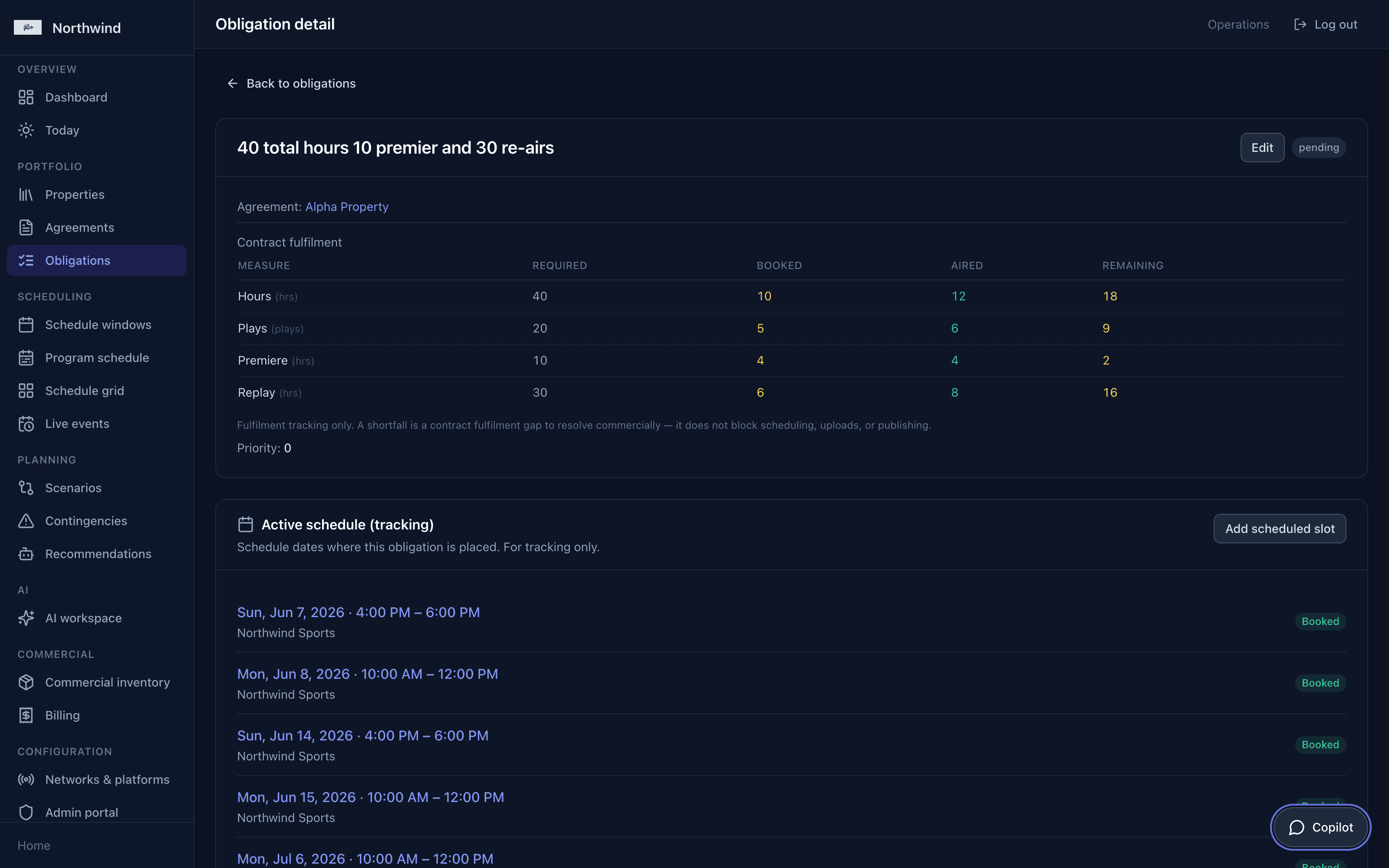 Obligation fulfilment tracker showing required, booked, aired, and remaining figures across hours, plays, premieres, and replays