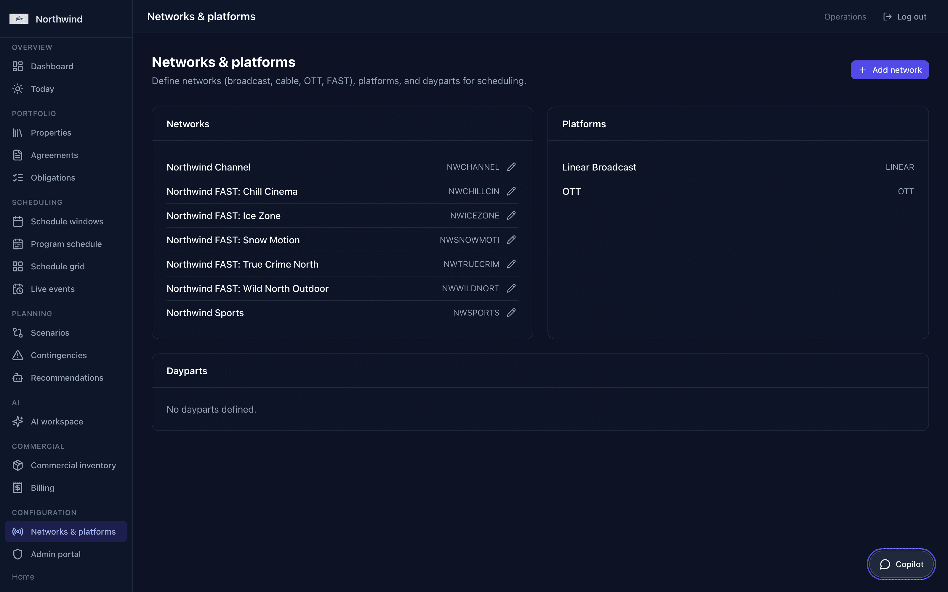Networks and platforms configuration listing broadcast and FAST channels with distribution platforms