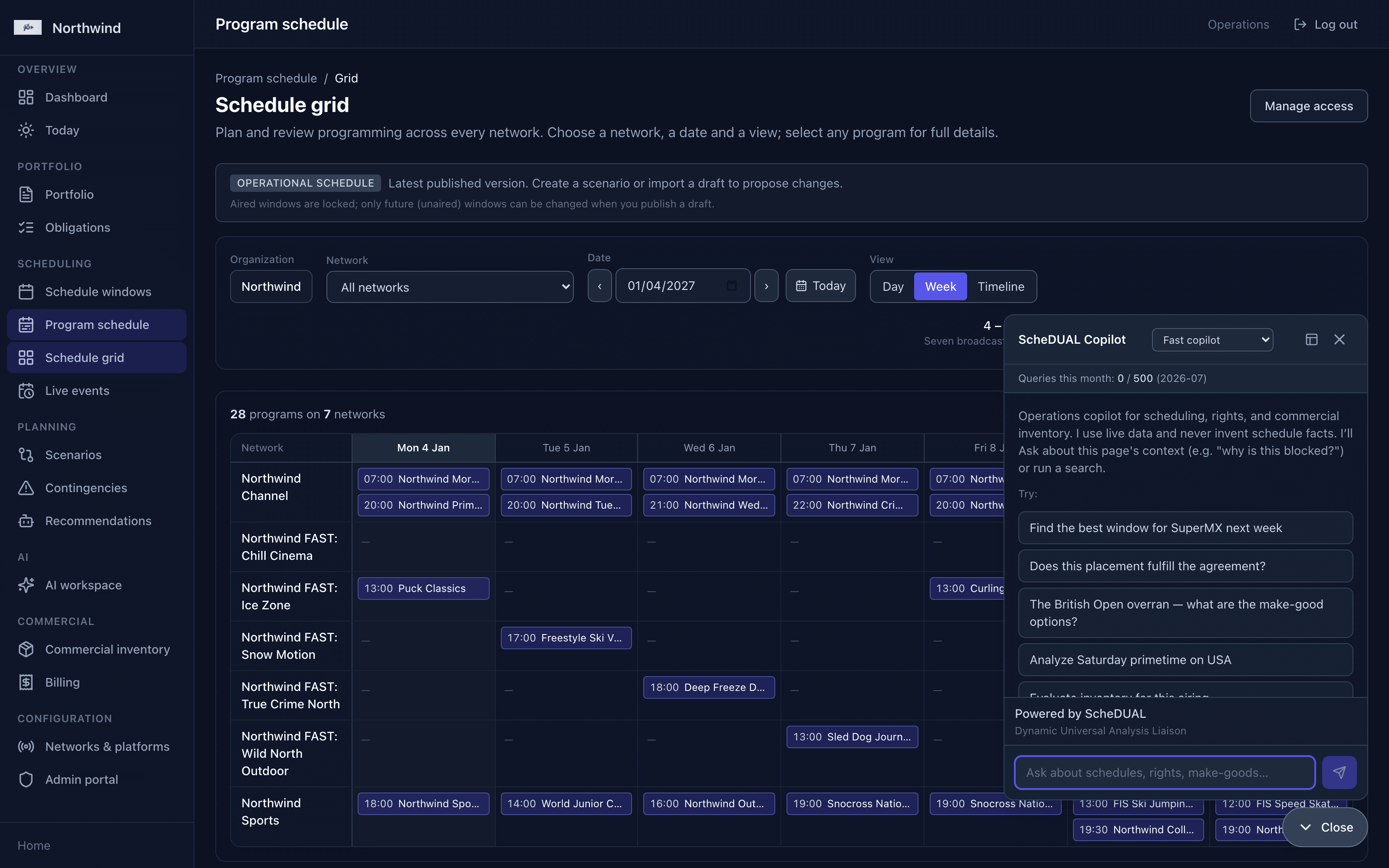 ScheDUAL AI Copilot open alongside the schedule grid, offering scheduling and rights questions to ask