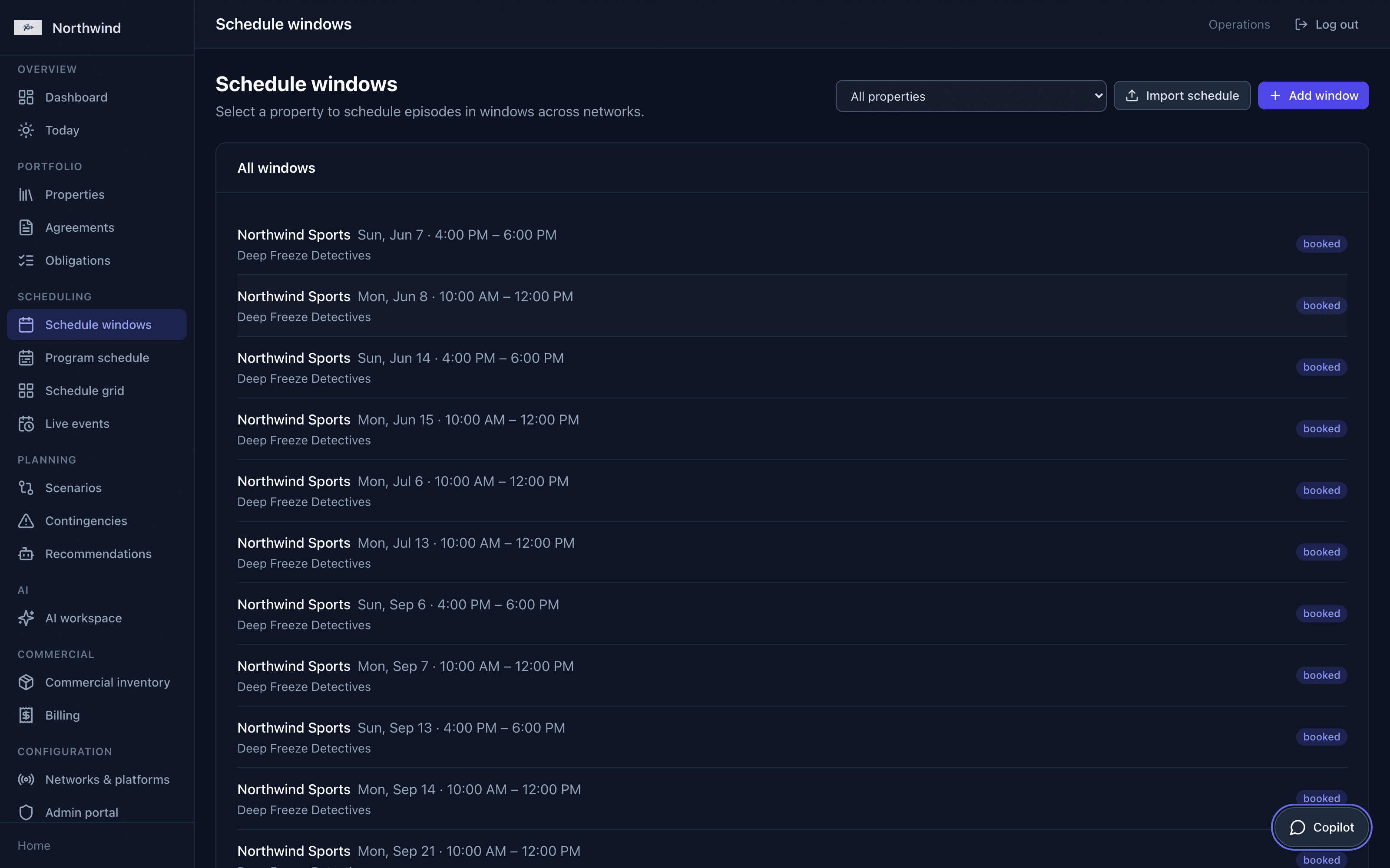 Schedule windows listing programming with air times and booking status