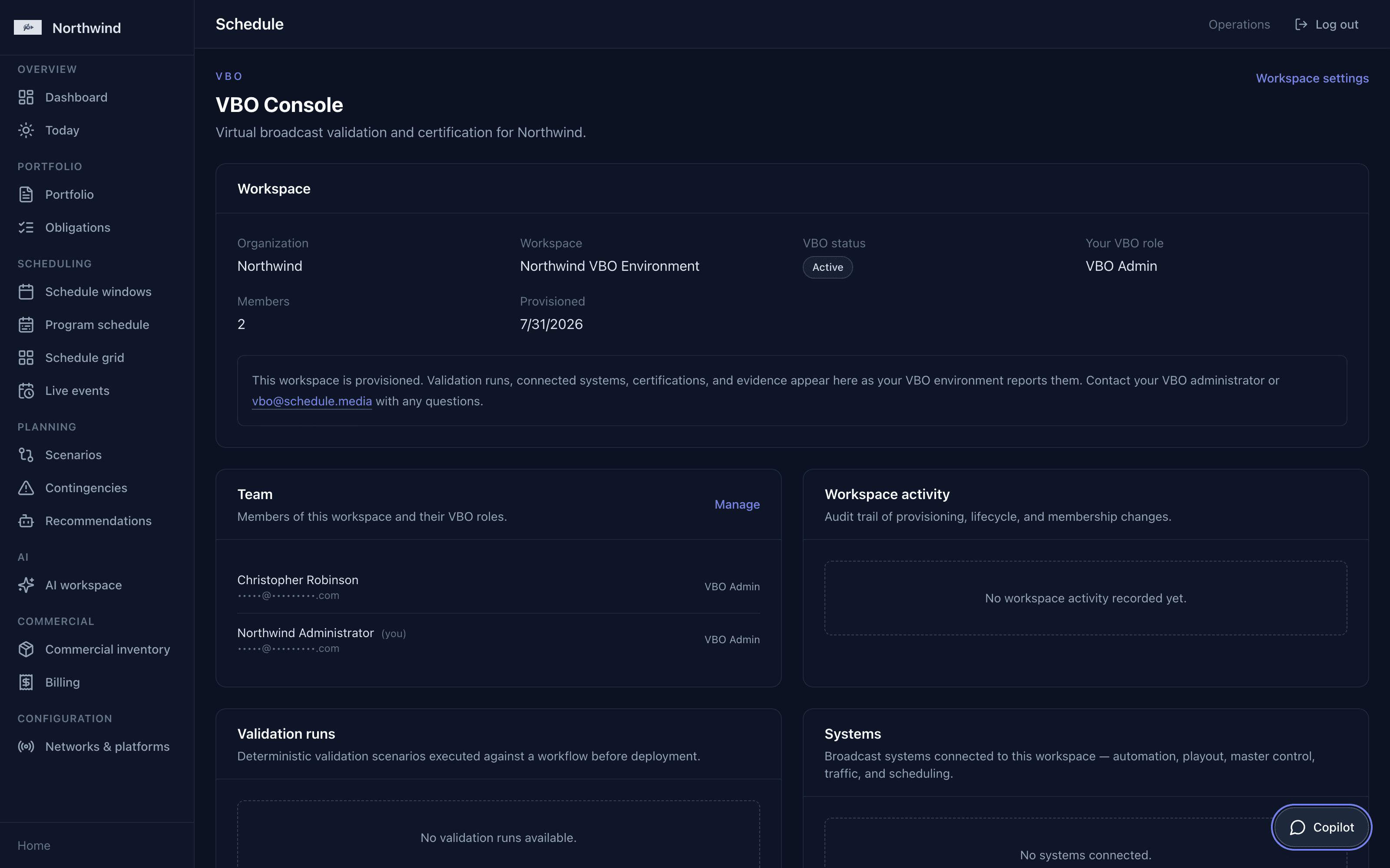 VBO Console showing the workspace, team roles, and audit trail alongside validation runs and connected systems